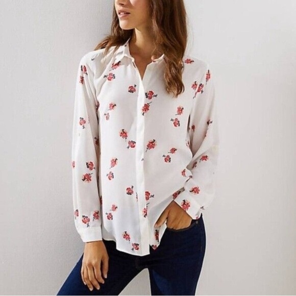 Loft White Floral Utility Button Down Blouse with Roll Tab Sleeves - Picture 1 of 7